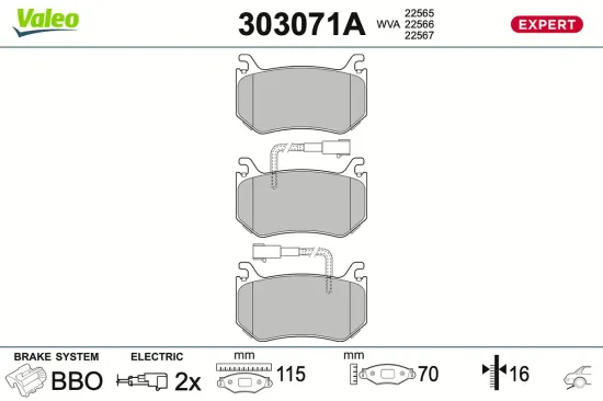Bremsbelagsatz, Scheibenbremse Hinterachse VALEO 303071A Bild Bremsbelagsatz, Scheibenbremse Hinterachse VALEO 303071A