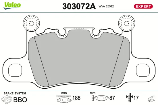 Bremsbelagsatz, Scheibenbremse Hinterachse VALEO 303072A Bild Bremsbelagsatz, Scheibenbremse Hinterachse VALEO 303072A