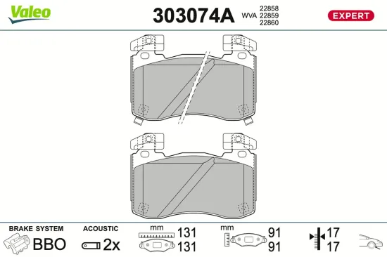 Bremsbelagsatz, Scheibenbremse Vorderachse VALEO 303074A Bild Bremsbelagsatz, Scheibenbremse Vorderachse VALEO 303074A
