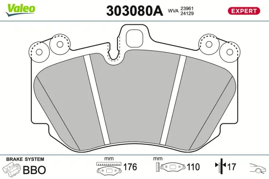 Bremsbelagsatz, Scheibenbremse Vorderachse VALEO 303080A Bild Bremsbelagsatz, Scheibenbremse Vorderachse VALEO 303080A