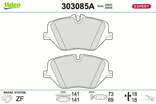 Bremsbelagsatz, Scheibenbremse Vorderachse VALEO 303085A Bild Bremsbelagsatz, Scheibenbremse Vorderachse VALEO 303085A