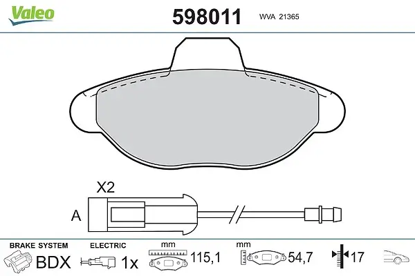 Bremsbelagsatz, Scheibenbremse Vorderachse VALEO 598011