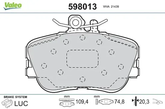Bremsbelagsatz, Scheibenbremse Vorderachse VALEO 598013 Bild Bremsbelagsatz, Scheibenbremse Vorderachse VALEO 598013