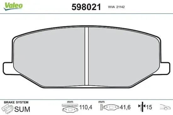 Bremsbelagsatz, Scheibenbremse Vorderachse VALEO 598021 Bild Bremsbelagsatz, Scheibenbremse Vorderachse VALEO 598021