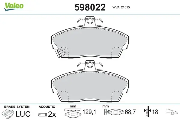 Bremsbelagsatz, Scheibenbremse Vorderachse VALEO 598022