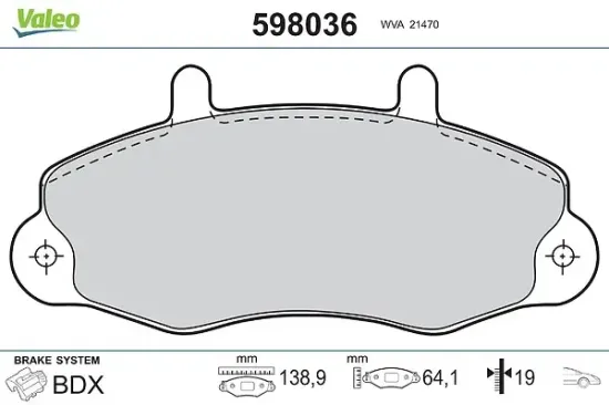 Bremsbelagsatz, Scheibenbremse Vorderachse VALEO 598036 Bild Bremsbelagsatz, Scheibenbremse Vorderachse VALEO 598036