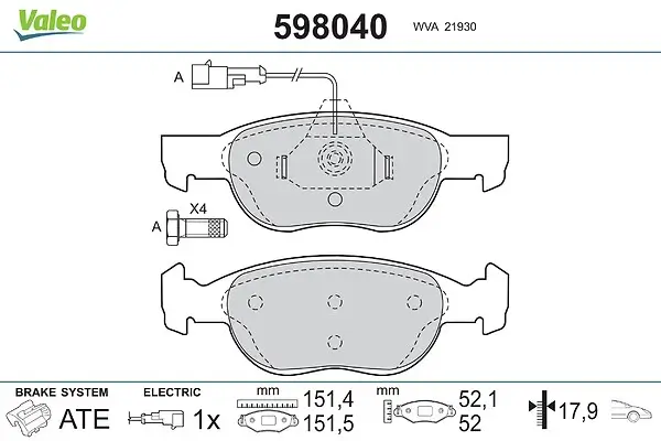 Bremsbelagsatz, Scheibenbremse Vorderachse VALEO 598040