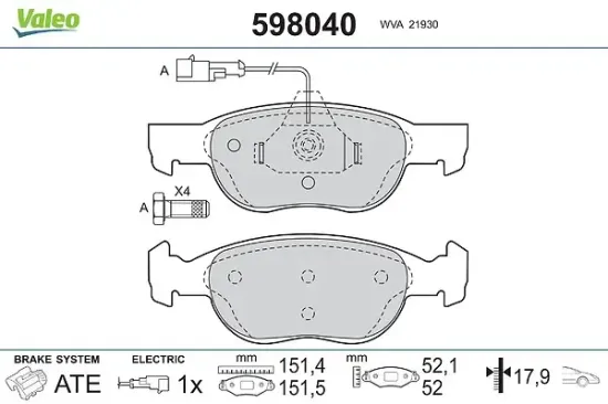 Bremsbelagsatz, Scheibenbremse Vorderachse VALEO 598040 Bild Bremsbelagsatz, Scheibenbremse Vorderachse VALEO 598040