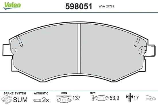 Bremsbelagsatz, Scheibenbremse Vorderachse VALEO 598051 Bild Bremsbelagsatz, Scheibenbremse Vorderachse VALEO 598051