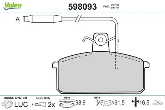 Bremsbelagsatz, Scheibenbremse Vorderachse VALEO 598093 Bild Bremsbelagsatz, Scheibenbremse Vorderachse VALEO 598093