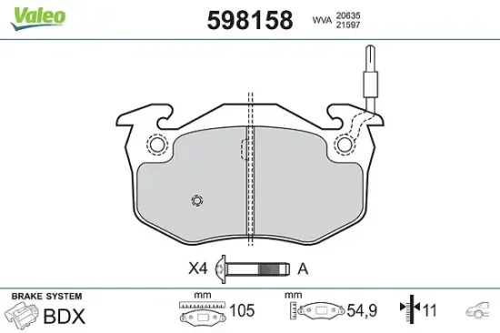 Bremsbelagsatz, Scheibenbremse Hinterachse VALEO 598158 Bild Bremsbelagsatz, Scheibenbremse Hinterachse VALEO 598158
