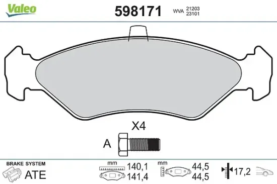 Bremsbelagsatz, Scheibenbremse Vorderachse VALEO 598171 Bild Bremsbelagsatz, Scheibenbremse Vorderachse VALEO 598171