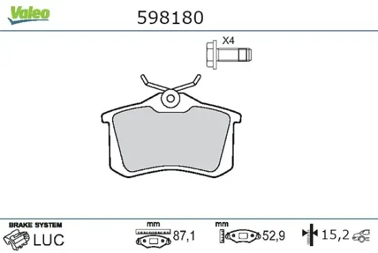 Bremsbelagsatz, Scheibenbremse Hinterachse VALEO 598180 Bild Bremsbelagsatz, Scheibenbremse Hinterachse VALEO 598180