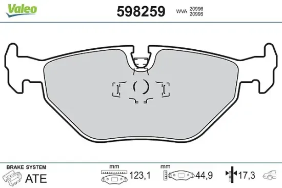 Bremsbelagsatz, Scheibenbremse Hinterachse VALEO 598259 Bild Bremsbelagsatz, Scheibenbremse Hinterachse VALEO 598259