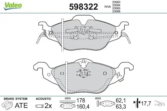 Bremsbelagsatz, Scheibenbremse Vorderachse VALEO 598322 Bild Bremsbelagsatz, Scheibenbremse Vorderachse VALEO 598322