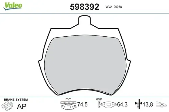 Bremsbelagsatz, Scheibenbremse Vorderachse VALEO 598392 Bild Bremsbelagsatz, Scheibenbremse Vorderachse VALEO 598392