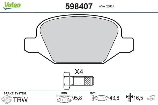 Bremsbelagsatz, Scheibenbremse Hinterachse VALEO 598407 Bild Bremsbelagsatz, Scheibenbremse Hinterachse VALEO 598407