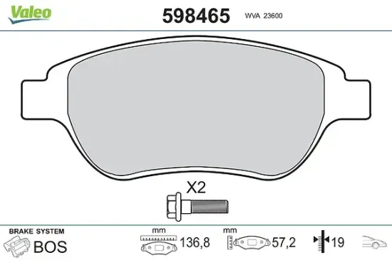 Bremsbelagsatz, Scheibenbremse Vorderachse VALEO 598465 Bild Bremsbelagsatz, Scheibenbremse Vorderachse VALEO 598465