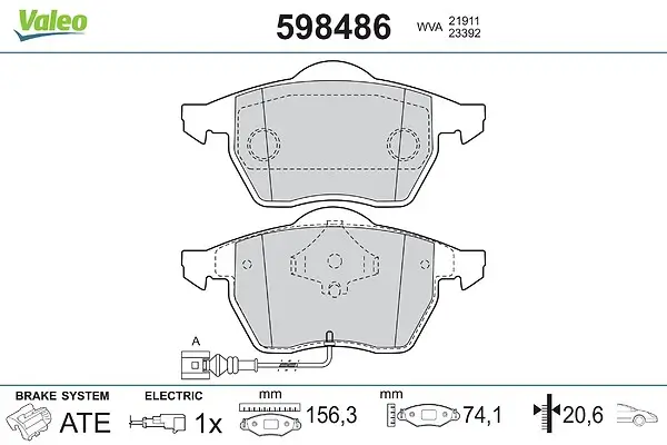 Bremsbelagsatz, Scheibenbremse Vorderachse VALEO 598486