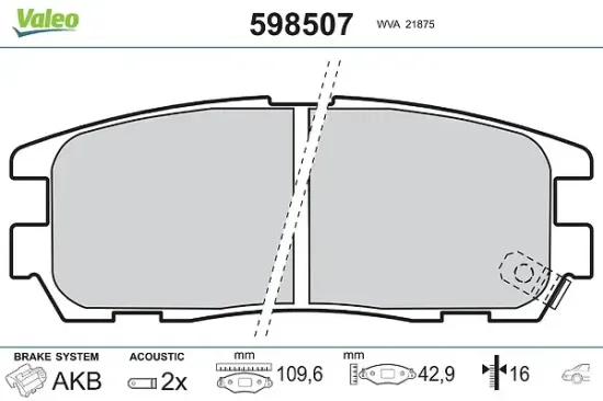 Bremsbelagsatz, Scheibenbremse Hinterachse VALEO 598507 Bild Bremsbelagsatz, Scheibenbremse Hinterachse VALEO 598507