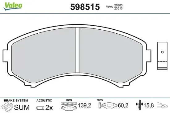 Bremsbelagsatz, Scheibenbremse Vorderachse VALEO 598515 Bild Bremsbelagsatz, Scheibenbremse Vorderachse VALEO 598515