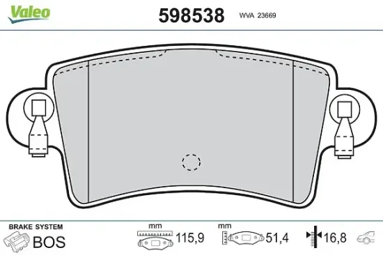Bremsbelagsatz, Scheibenbremse Hinterachse VALEO 598538 Bild Bremsbelagsatz, Scheibenbremse Hinterachse VALEO 598538