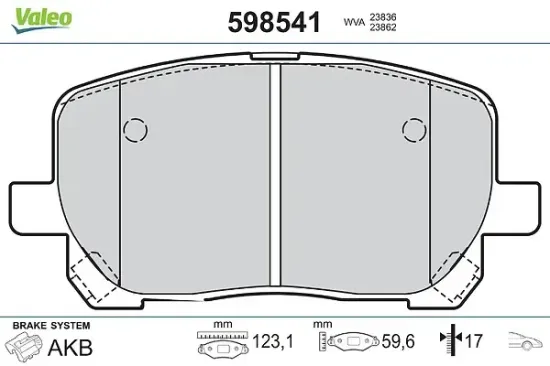 Bremsbelagsatz, Scheibenbremse Vorderachse VALEO 598541 Bild Bremsbelagsatz, Scheibenbremse Vorderachse VALEO 598541