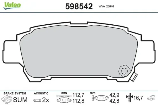 Bremsbelagsatz, Scheibenbremse Hinterachse VALEO 598542 Bild Bremsbelagsatz, Scheibenbremse Hinterachse VALEO 598542