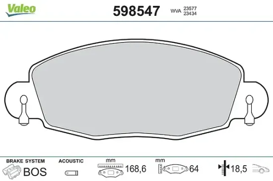 Bremsbelagsatz, Scheibenbremse Vorderachse VALEO 598547 Bild Bremsbelagsatz, Scheibenbremse Vorderachse VALEO 598547
