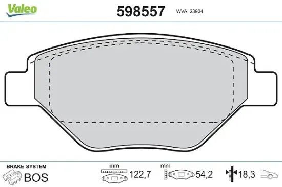 Bremsbelagsatz, Scheibenbremse Vorderachse VALEO 598557 Bild Bremsbelagsatz, Scheibenbremse Vorderachse VALEO 598557