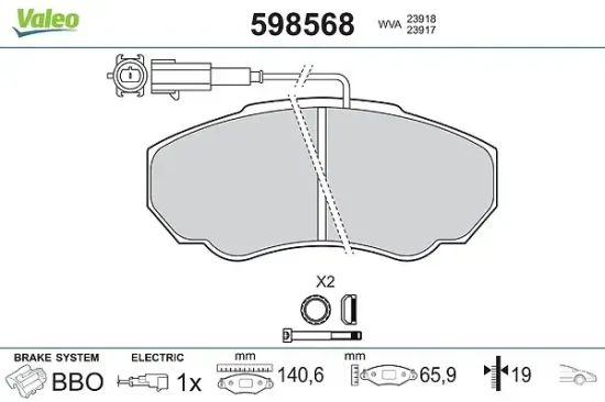 Bremsbelagsatz, Scheibenbremse Vorderachse VALEO 598568 Bild Bremsbelagsatz, Scheibenbremse Vorderachse VALEO 598568