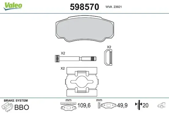 Bremsbelagsatz, Scheibenbremse Hinterachse VALEO 598570 Bild Bremsbelagsatz, Scheibenbremse Hinterachse VALEO 598570