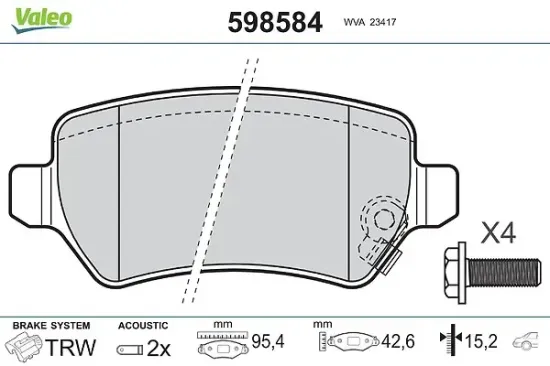 Bremsbelagsatz, Scheibenbremse Hinterachse VALEO 598584 Bild Bremsbelagsatz, Scheibenbremse Hinterachse VALEO 598584