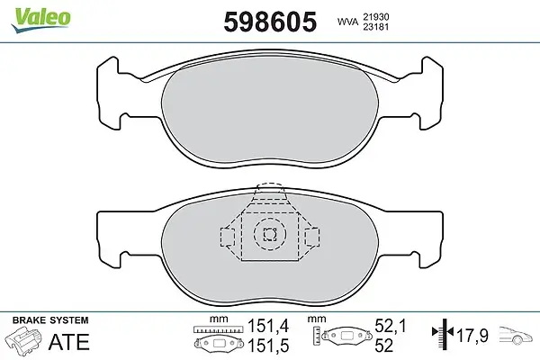 Bremsbelagsatz, Scheibenbremse Vorderachse VALEO 598605