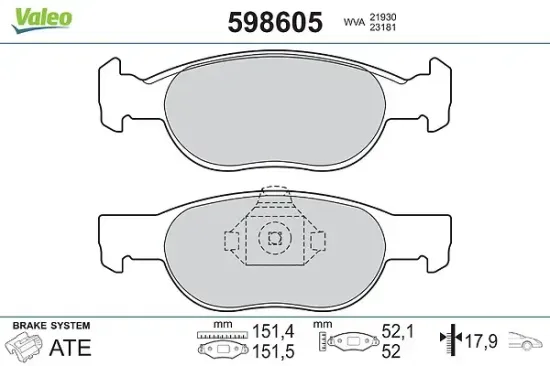 Bremsbelagsatz, Scheibenbremse Vorderachse VALEO 598605 Bild Bremsbelagsatz, Scheibenbremse Vorderachse VALEO 598605
