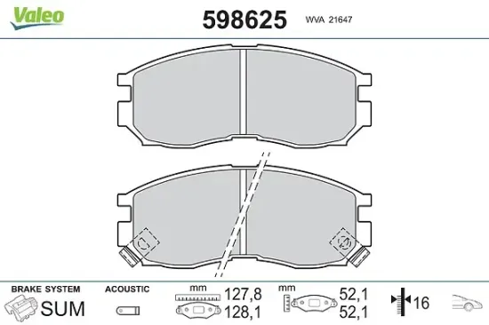 Bremsbelagsatz, Scheibenbremse Vorderachse VALEO 598625 Bild Bremsbelagsatz, Scheibenbremse Vorderachse VALEO 598625