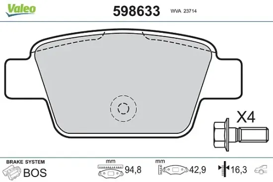 Bremsbelagsatz, Scheibenbremse Hinterachse VALEO 598633 Bild Bremsbelagsatz, Scheibenbremse Hinterachse VALEO 598633
