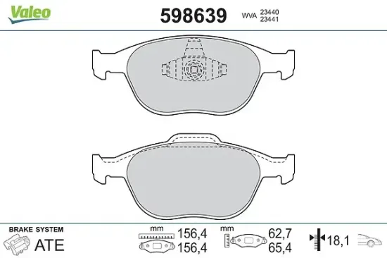 Bremsbelagsatz, Scheibenbremse Vorderachse VALEO 598639 Bild Bremsbelagsatz, Scheibenbremse Vorderachse VALEO 598639