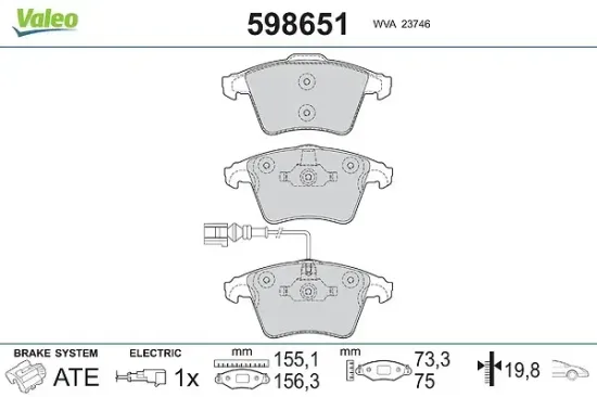 Bremsbelagsatz, Scheibenbremse Vorderachse VALEO 598651 Bild Bremsbelagsatz, Scheibenbremse Vorderachse VALEO 598651