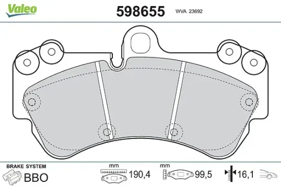 Bremsbelagsatz, Scheibenbremse Vorderachse VALEO 598655 Bild Bremsbelagsatz, Scheibenbremse Vorderachse VALEO 598655