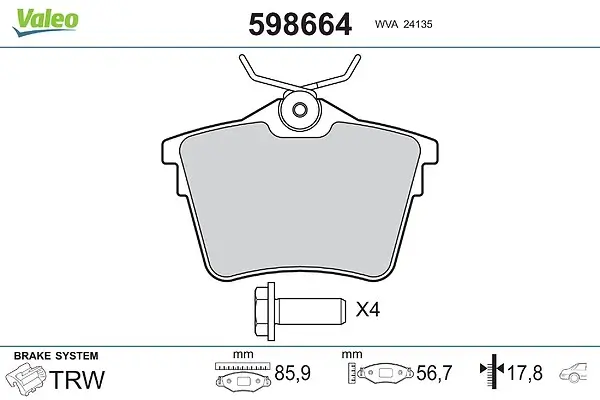 Bremsbelagsatz, Scheibenbremse Hinterachse VALEO 598664