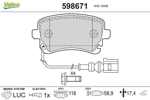 Bremsbelagsatz, Scheibenbremse Hinterachse VALEO 598671