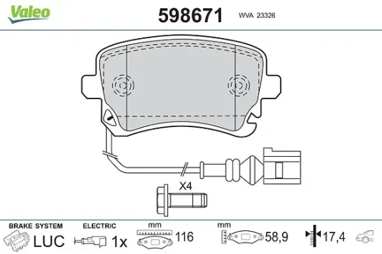 Bremsbelagsatz, Scheibenbremse Hinterachse VALEO 598671 Bild Bremsbelagsatz, Scheibenbremse Hinterachse VALEO 598671