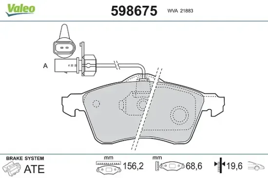 Bremsbelagsatz, Scheibenbremse Vorderachse VALEO 598675 Bild Bremsbelagsatz, Scheibenbremse Vorderachse VALEO 598675