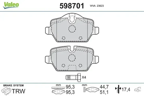 Bremsbelagsatz, Scheibenbremse Hinterachse VALEO 598701 Bild Bremsbelagsatz, Scheibenbremse Hinterachse VALEO 598701