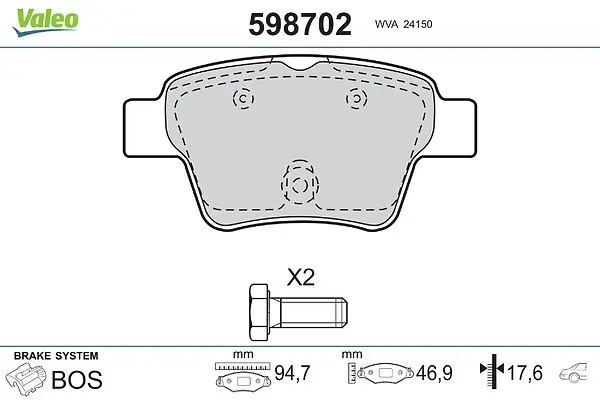 Bremsbelagsatz, Scheibenbremse Hinterachse VALEO 598702