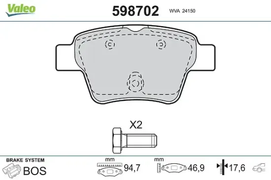 Bremsbelagsatz, Scheibenbremse Hinterachse VALEO 598702 Bild Bremsbelagsatz, Scheibenbremse Hinterachse VALEO 598702