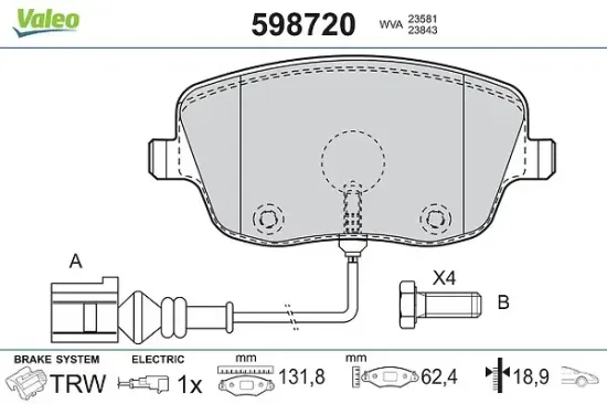 Bremsbelagsatz, Scheibenbremse Vorderachse VALEO 598720 Bild Bremsbelagsatz, Scheibenbremse Vorderachse VALEO 598720