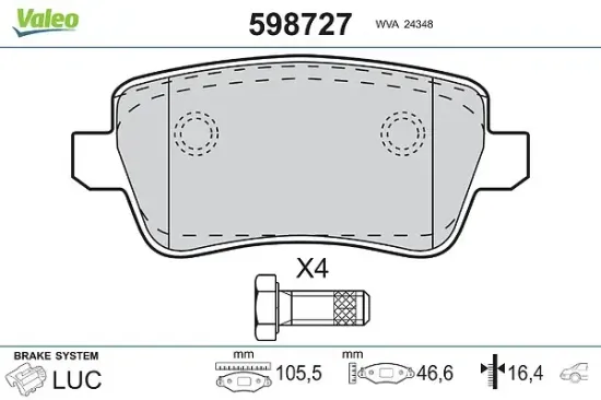Bremsbelagsatz, Scheibenbremse Hinterachse VALEO 598727 Bild Bremsbelagsatz, Scheibenbremse Hinterachse VALEO 598727