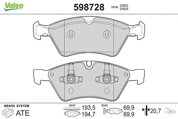 Bremsbelagsatz, Scheibenbremse Vorderachse VALEO 598728
